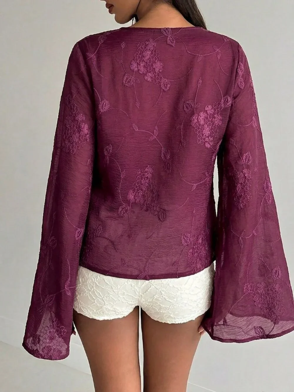 Sexy Women's Deep V-Neck Floral Embroidery Pattern Casual Versatile Shirt